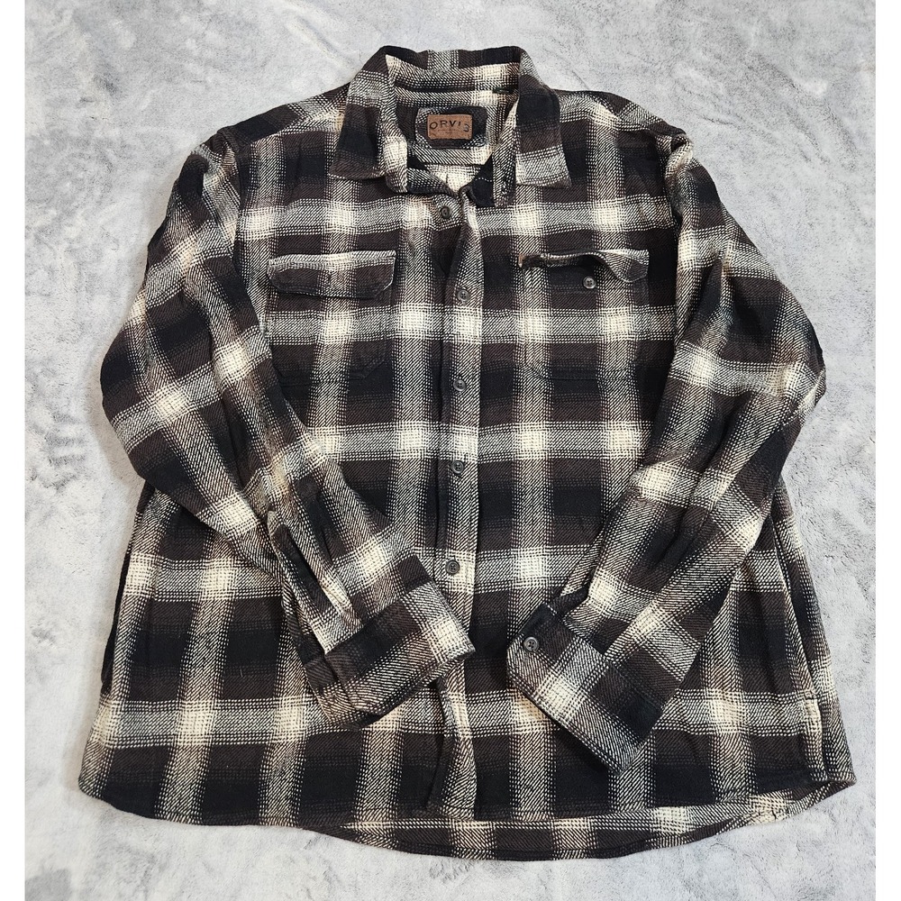 Orvis Shirt Jacket Men's 2XL White and Black Flannel Plaid Shacket Heavyweight